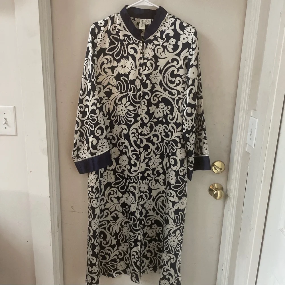 Natori Vintage Full Zip Caftan Robe & Gown Set Navy Neiman Marcus Long Kimono M